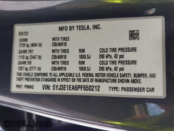2023 Tesla Model 3 z VIN 5YJ3E1EA6PF650212, wystawiony jako IAAI lot #42554747 z przebiegiem 49 838 mil mil oraz . Historia ofert i sprzedaży dostępna na DreamBid. Obrazek 9.
