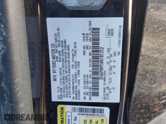 2019 Ford Fusion Titanium with VIN 3FA6P0K95KR181252, listed as a Copart auction lot 45393775 with 95,008 mi miles and Salvage Title. Bid and sale history available at carsss.com. Image 12.