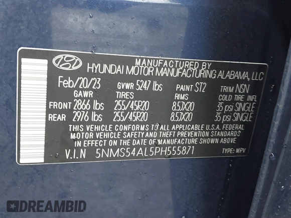 2023 Hyundai Santa Fe Calligraphy with VIN 5NMS54AL5PH555871, listed as a IAAI auction lot 40425757 with 20,731 mi miles. Bid and sale history available at carsss.com. Image 9.