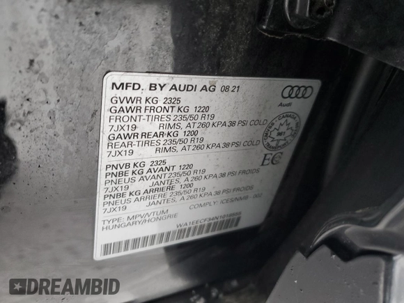 2022 Audi Q3 S line Premium Plus with VIN WA1EECF34N1018555, listed as a Copart auction lot 42917565 with 130,380 mi miles and Salvage title. Bid and sale history available at DreamBid. Image 13.