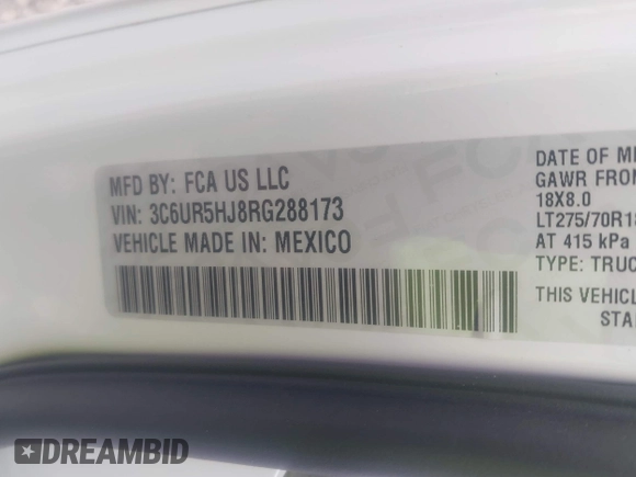 2024 Ram 2500 Tradesman with VIN 3C6UR5HJ8RG288173, listed as a IAAI auction lot 42290610 with 5,757 mi miles and . Bid and sale history available at DreamBid. Image 9.