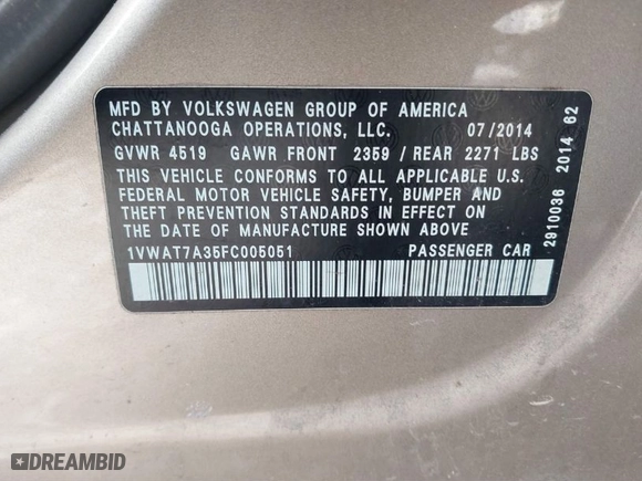 2015 Volkswagen Passat 1.8T S with VIN 1VWAT7A35FC005051, listed as a IAAI auction lot 41368998 with 165,097 mi miles. Bid and sale history available at carsss.com. Image 9.