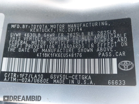 2014 Toyota Camry SE with VIN 4T1BK1FK6EU548176, listed as a IAAI auction lot 41392975 with 143,249 mi miles. Bid and sale history available at carsss.com. Image 9.