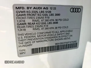 2023 Audi Q3 S line Premium with VIN WA1DECF32P1074282, listed as a Copart auction lot 58596045 with 52,392 mi miles and Salvage title. Bid and sale history available at DreamBid. Image 13.