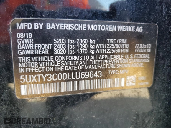 2020 BMW X3 sDrive30i with VIN 5UXTY3C00LLU69643, listed as a Copart auction lot 47478345 with 150,118 mi miles and Clean Title. Bid and sale history available at carsss.com. Image 13.