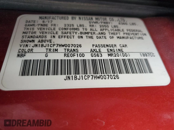 2017 Nissan Rogue SV with VIN JN1BJ1CP7HW007026, listed as a Copart auction lot 60282215 with 53,792 mi miles and Salvage title. Bid and sale history available at DreamBid. Image 13.