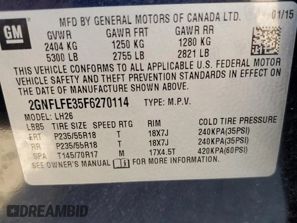 2015 Chevrolet Equinox LT with VIN 2GNFLFE35F6270114, listed as a Copart auction lot 57382584 with 166,027 mi miles and Salvage Title. Bid and sale history available at DreamBid. Image 13.
