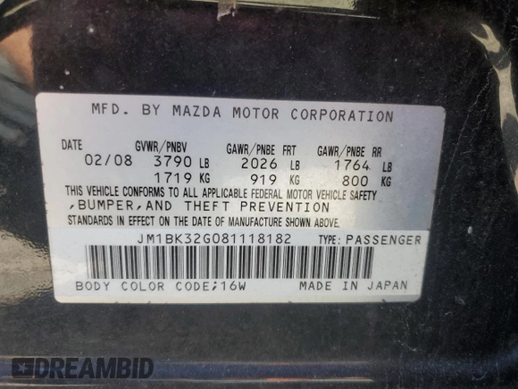 2008 Mazda 3 i Touring with VIN JM1BK32G081118182, listed as a Copart auction lot 54115285 with 188,489 mi miles and Clean Title. Bid and sale history available at carsss.com. Image 12.