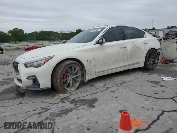 2019 Infiniti Q50 Red Sport 400 with VIN JN1FV7AP4KM760088, listed as a Copart auction lot 56147365 with 106,541 mi miles and Salvage title. Bid and sale history available at DreamBid. Image 1.