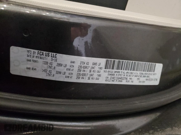 2017 Chrysler Pacifica Touring with VIN 2C4RC1DG0HR522706, listed as a Copart auction lot 45106645 with 144,351 mi miles and Salvage Title. Bid and sale history available at DreamBid. Image 13.