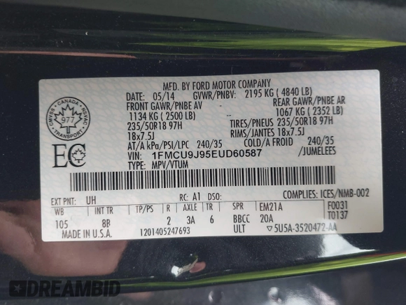 2014 Ford Escape Titanium with VIN 1FMCU9J95EUD60587, listed as a IAAI auction lot 42129854 with 155,559 mi miles and . Bid and sale history available at DreamBid. Image 9.