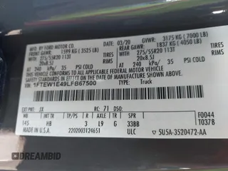 2020 Ford F-150 XL с VIN 1FTEW1E49LFB67500, выставлен на аукционе IAAI как лот 41814840 с пробегом 41 671 миль миль и . История ставок и продаж доступна на DreamBid. Изображение 9.