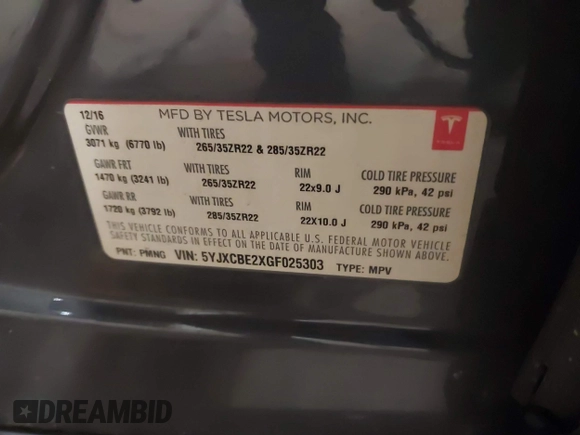 2016 Tesla Model X 70D with VIN 5YJXCBE2XGF025303, listed as a IAAI auction lot 41558869 with 77,793 mi miles and . Bid and sale history available at DreamBid. Image 9.