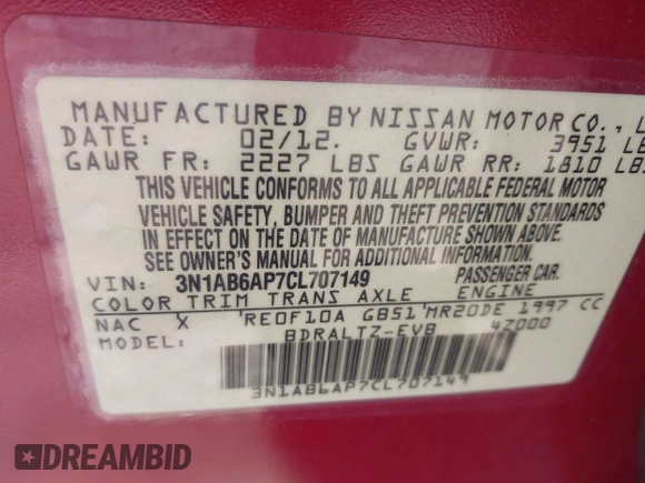 2012 Nissan Sentra SR with VIN 3N1AB6AP7CL707149, listed as a IAAI auction lot 42050594 with 166,266 mi miles and . Bid and sale history available at DreamBid. Image 9.