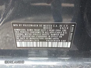 2019 Volkswagen GTI S с VIN 3VW5T7AU5KM017879, выставлен на аукционе IAAI как лот 42393203 с пробегом 52 133 миль миль и . История ставок и продаж доступна на DreamBid. Изображение 9.