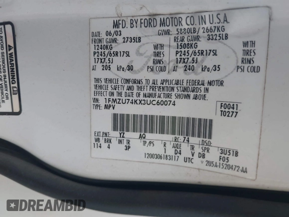 2003 Ford Explorer Eddie Bauer with VIN 1FMZU74KX3UC60074, listed as a IAAI auction lot 42579589 with 149,873 mi miles and . Bid and sale history available at DreamBid. Image 9.