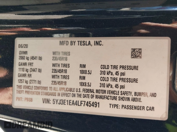 2020 Tesla Model 3 Standard Range Plus with VIN 5YJ3E1EA4LF745491, listed as a IAAI auction lot 41186726 with 74,575 mi miles and . Bid and sale history available at DreamBid. Image 9.