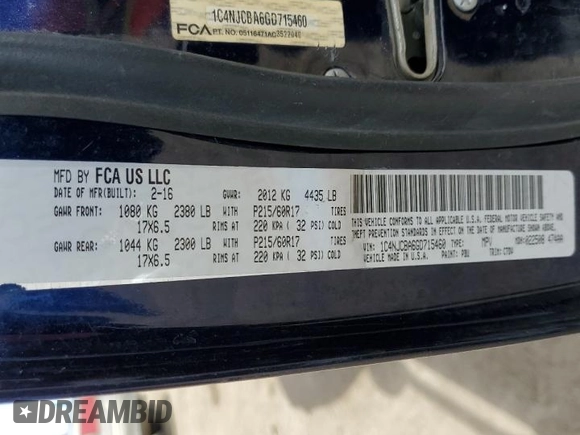 2016 Jeep Compass Sport z VIN 1C4NJCBA6GD715460, wystawiony jako Copart lot #50365005 z przebiegiem 104 138 mil mil oraz Szkoda całkowita • Salvage title. Historia ofert i sprzedaży dostępna na DreamBid. Obrazek 14.