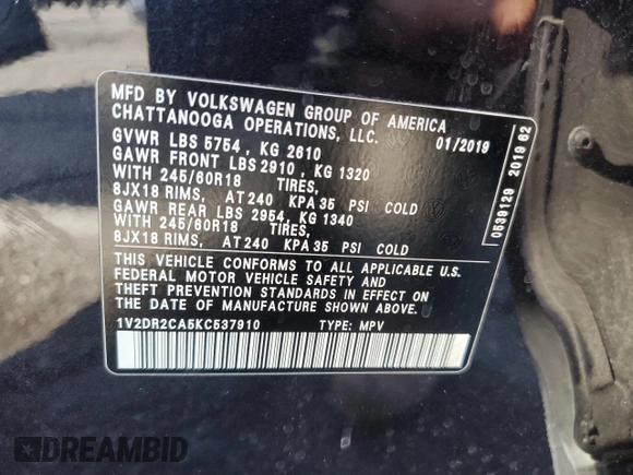 2019 Volkswagen Atlas SE with VIN 1V2DR2CA5KC537910, listed as a Copart auction lot 57333145 with 181,102 mi miles and Salvage title. Bid and sale history available at DreamBid. Image 13.