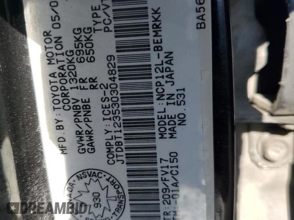 2003 Toyota ECHO z VIN JTDBT123530304829, wystawiony jako Copart lot #50893075 z przebiegiem 186 031 mil mil oraz Nie do naprawy • Non repairable. Historia ofert i sprzedaży dostępna na DreamBid. Obrazek 12.