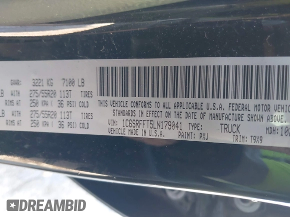 2020 Ram 1500 Big Horn with VIN 1C6SRFFT5LN179041, listed as a IAAI auction lot 41905201 with 50,130 mi miles. Bid and sale history available at carsss.com. Image 9.