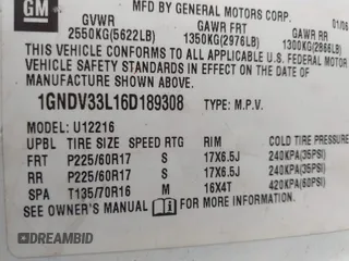 2006 Chevrolet Uplander 3LT with VIN 1GNDV33L16D189308, listed as a IAAI auction lot 42160230 with 154,557 mi miles and . Bid and sale history available at DreamBid. Image 9.