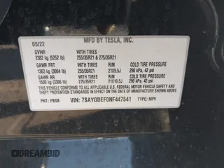 2022 Tesla Model Y Performance with VIN 7SAYGDEF0NF447541, listed as a IAAI auction lot 41762592 with 41,204 mi miles and . Bid and sale history available at DreamBid. Image 9.