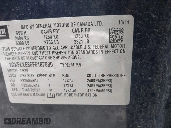 2015 GMC Terrain SLT with VIN 2GKFLXE36F6187889, listed as a IAAI auction lot 41276902 with 123,536 mi miles and . Bid and sale history available at DreamBid. Image 9.