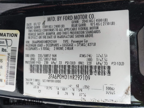 2017 Ford Fusion SE with VIN 3FA6P0HD1HR292109, listed as a IAAI auction lot 42190710 with 107,835 mi miles and . Bid and sale history available at DreamBid. Image 9.