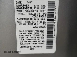 2005 Infiniti FX35 with VIN JNRAS08W75X215851, listed as a Copart auction lot 49557125 with 170,013 mi miles and Clean Title. Bid and sale history available at carsss.com. Image 13.