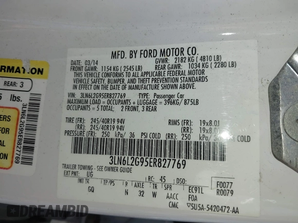 2014 Lincoln MKZ with VIN 3LN6L2G95ER827769, listed as a IAAI auction lot 42109075 with 154,000 mi miles. Bid and sale history available at carsss.com. Image 9.