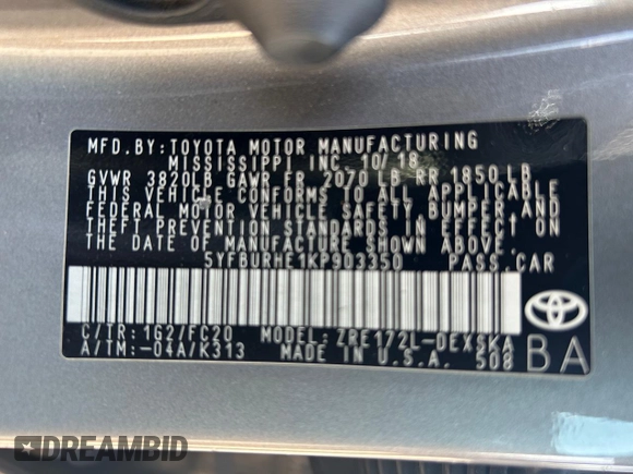 2019 Toyota Corolla L z VIN 5YFBURHE1KP903350, wystawiony jako Copart lot #57817825 z przebiegiem 236 109 mil mil oraz Tytuł czysty. Historia ofert i sprzedaży dostępna na DreamBid. Obrazek 10.