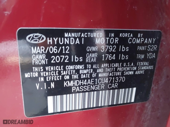2012 Hyundai Elantra GLS with VIN KMHDH4AE1CU471370, listed as a IAAI auction lot 41759655 with 57,535 mi miles. Bid and sale history available at carsss.com. Image 9.