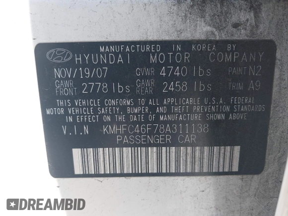 2008 Hyundai Azera Limited with VIN KMHFC46F78A311138, listed as a IAAI auction lot 42004678 with 91,444 mi miles and . Bid and sale history available at DreamBid. Image 9.