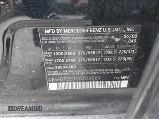 2000 Mercedes-Benz M 320/430/500 with VIN 4JGAB72E9YA208069, listed as a IAAI auction lot 41530528 with 155,967 mi miles and . Bid and sale history available at DreamBid. Image 9.