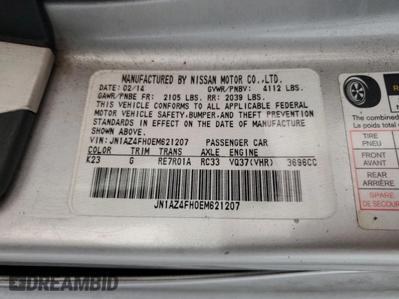 2014 Nissan 370Z Touring with VIN JN1AZ4FH0EM621207, listed as a Copart auction lot 50928485 with Not Provided miles and Salvage Title. Bid and sale history available at DreamBid. Image 13.