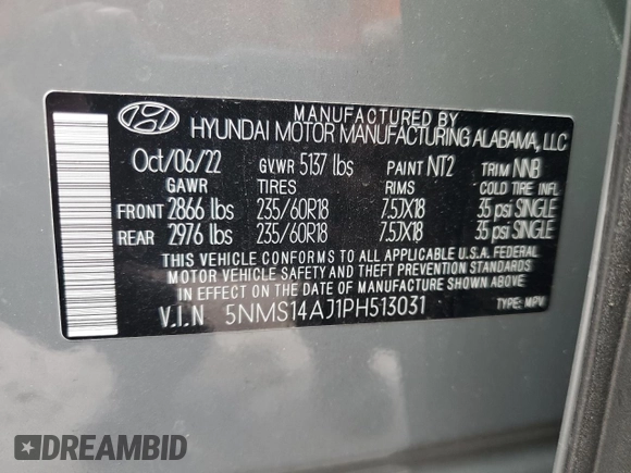 2023 Hyundai Santa Fe SE z VIN 5NMS14AJ1PH513031, wystawiony jako Copart lot #54084635 z przebiegiem 12 750 mil mil oraz Nie do naprawy • Non repairable. Historia ofert i sprzedaży dostępna na DreamBid. Obrazek 13.