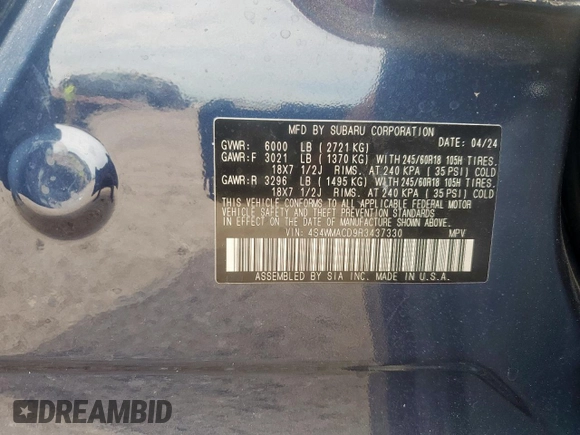 2024 Subaru Ascent Premium with VIN 4S4WMACD9R3437330, listed as a Copart auction lot 60678265 with 13,965 mi miles and Salvage title. Bid and sale history available at DreamBid. Image 14.