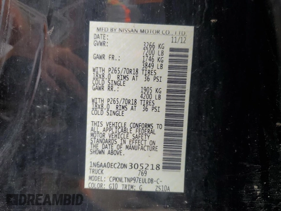 2013 Nissan Titan SV с VIN 1N6AA0EC2DN305218, выставлен на аукционе Copart как лот 60781765 с пробегом 139 028 миль миль и Списание • Salvage title. История ставок и продаж доступна на DreamBid. Изображение 13.