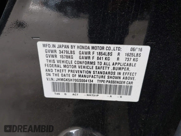 2016 Honda Fit EX with VIN JHMGK5H70GS004134, listed as a IAAI auction lot 42057740 with 42,785 mi miles and . Bid and sale history available at DreamBid. Image 9.