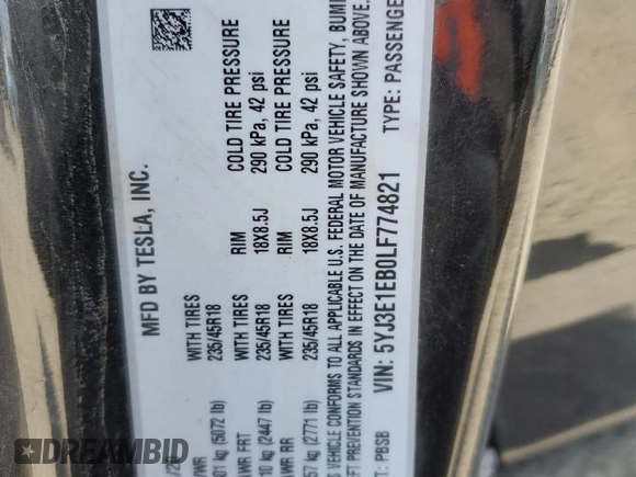 2020 Tesla Model 3 Long Range z VIN 5YJ3E1EB0LF774821, wystawiony jako Copart lot #53942934 z przebiegiem 78 809 mil mil oraz Szkoda całkowita • Salvage title. Historia ofert i sprzedaży dostępna na DreamBid. Obrazek 14.