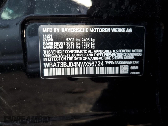 2022 BMW 5 Series 540i xDrive with VIN WBA73BJ04NWX56724, listed as a Copart auction lot 44247125 with 41,793 mi miles and Salvage title. Bid and sale history available at DreamBid. Image 12.