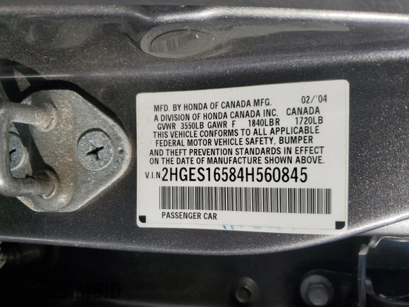 2004 Honda Civic LX with VIN 2HGES16584H560845, listed as a Copart auction lot 89105045 with Not Provided miles and Salvage Title. Bid and sale history available at DreamBid. Image 13.
