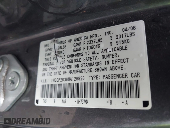 2008 Honda Accord LX z VIN 1HGCP26368A126926, wystawiony jako IAAI lot #42031554 z przebiegiem 296 402 mil mil oraz . Historia ofert i sprzedaży dostępna na DreamBid. Obrazek 9.