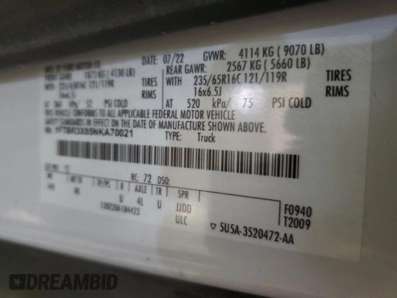 2022 Ford Transit Cargo with VIN 1FTBR3X85NKA70021, listed as a Copart auction lot 44332015 with 86,070 mi miles and Clean title. Bid and sale history available at DreamBid. Image 13.