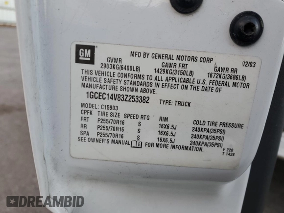 2003 Chevrolet Silverado 1500 with VIN 1GCEC14V83Z253382, listed as a Copart auction lot 84994344 with Not Provided miles and Salvage Title. Bid and sale history available at carsss.com. Image 12.