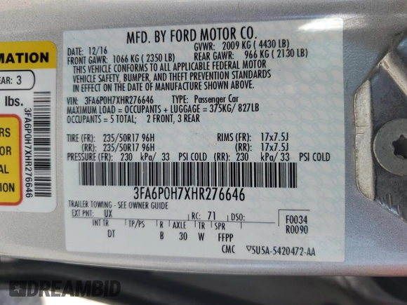 2017 Ford Fusion SE with VIN 3FA6P0H7XHR276646, listed as a Copart auction lot 61328635 with 51,440 mi miles and Clean title. Bid and sale history available at DreamBid. Image 12.