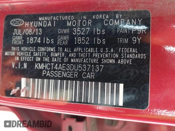 2013 Hyundai Accent GLS with VIN KMHCT4AE3DU537137, listed as a IAAI auction lot 42046119 with 158,878 mi miles. Bid and sale history available at carsss.com. Image 9.