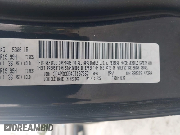 2016 Dodge Journey Crossroad Plus with VIN 3C4PDCGB4GT107657, listed as a IAAI auction lot 42814659 with 106,284 mi miles and . Bid and sale history available at DreamBid. Image 9.