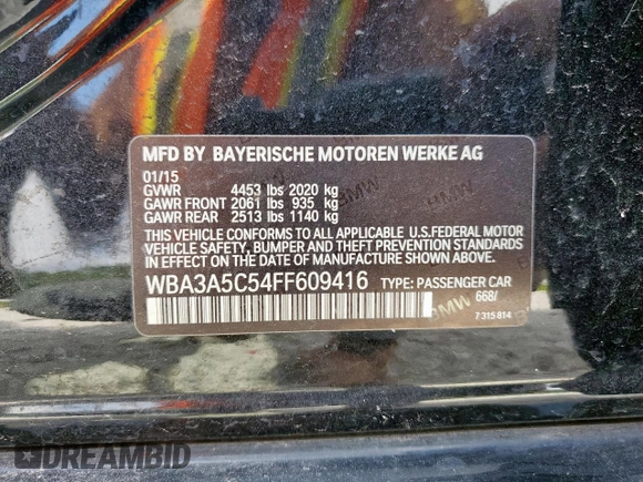 2015 BMW 3 Series 328i with VIN WBA3A5C54FF609416, listed as a Copart auction lot 60273505 with 232,097 mi miles and Salvage title. Bid and sale history available at DreamBid. Image 13.